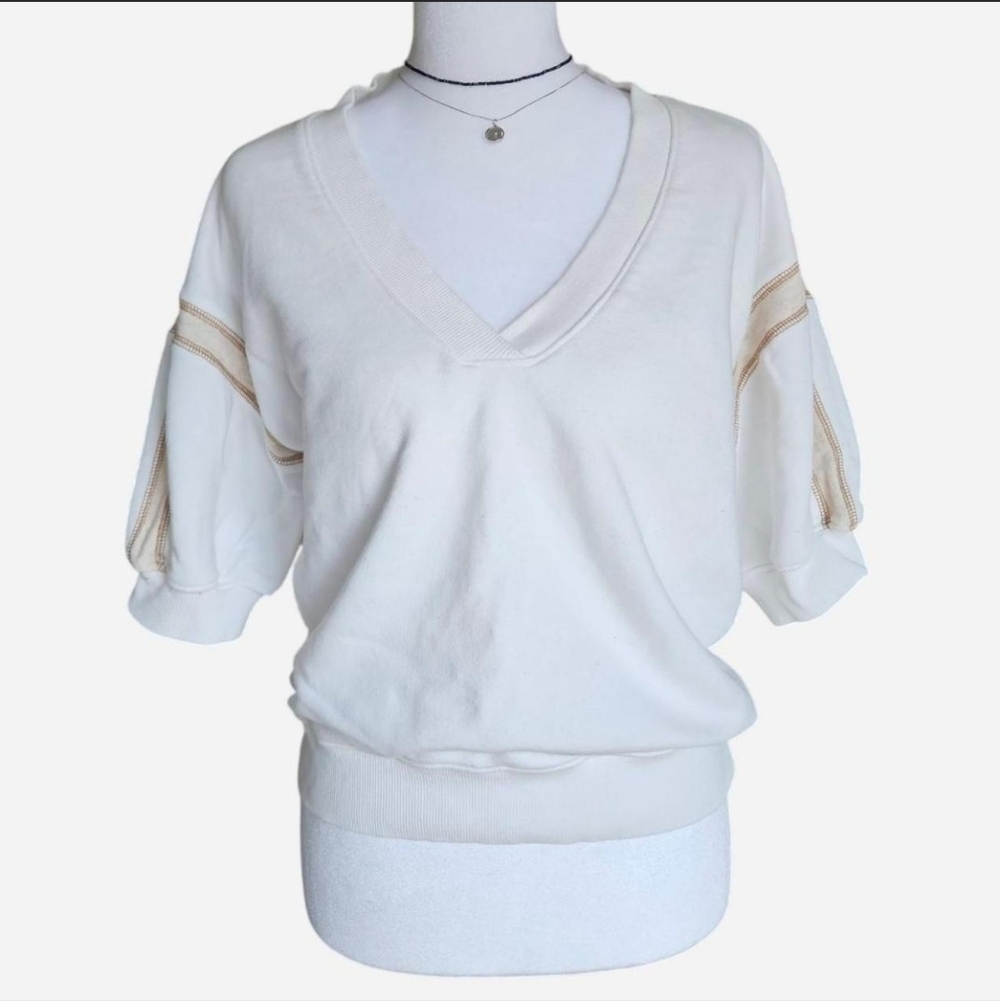 Evereve Short Sleeve V Neck Sweatshirt with Beige Stripes On Sleeves